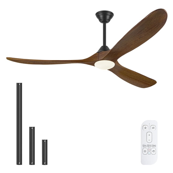 60 inch Wood Ceiling Fan with Light and Remote - 3 Blades Propeller Rustic Farmhouse Design, 6 Speeds High Airflow Quiet Reversible DC Motor, Includes 3 Downrods for Living Room or Covered Patio