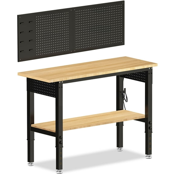 60 inch Workbench for Garage, Heavy-Duty 2 Tier Wood Work Bench with Storage Pegboards, Hooks, Power Outlets, Rubber Wood Tabletop 2000 LBS Load Bearing Workstation Garage Desk Work Table
