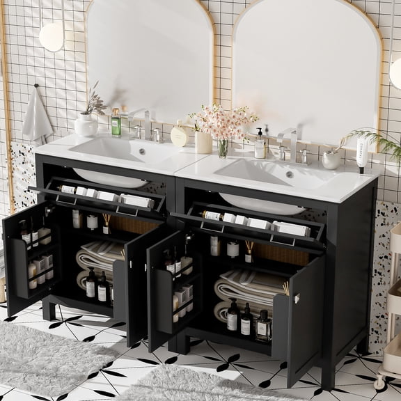 60-inch black modern bathroom vanity with double ceramic sinks and soft close doors for bathrooms gives stable structure