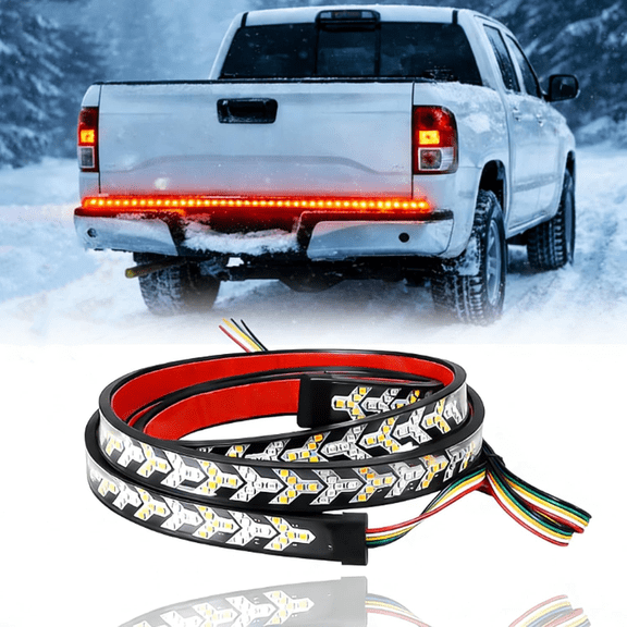 60-inch truck tailgate LED light bar with turn signal, brake, and reverse functions, featuring red and amber dynamic taillight arrow design, suitable for pickup trucks, trailers, SUVs, RVs, and vans.