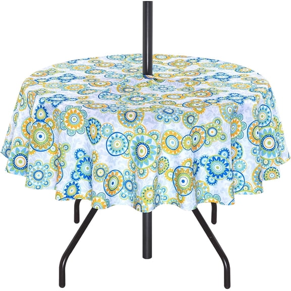 60 inches Outdoor/Indoor Waterproof Spillproof Round Tablecloth with Umbrella Hole for Camping, Picnic, Patio, Party, Spring, Floral