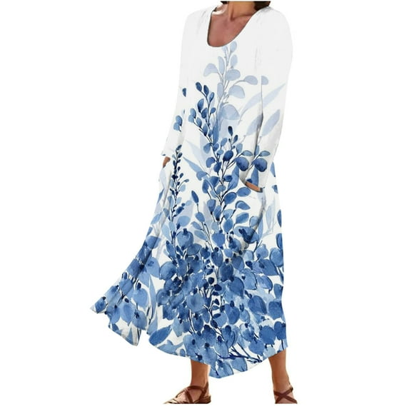 Up to 60% off!pstuiky Dresses for Women, Women Cotton and Linen Dress Long Sleeve Crew Neck Dress Printed Dress and Ankle Dress Casual Holiday Dress with Pockets Leisure Blue XXL
