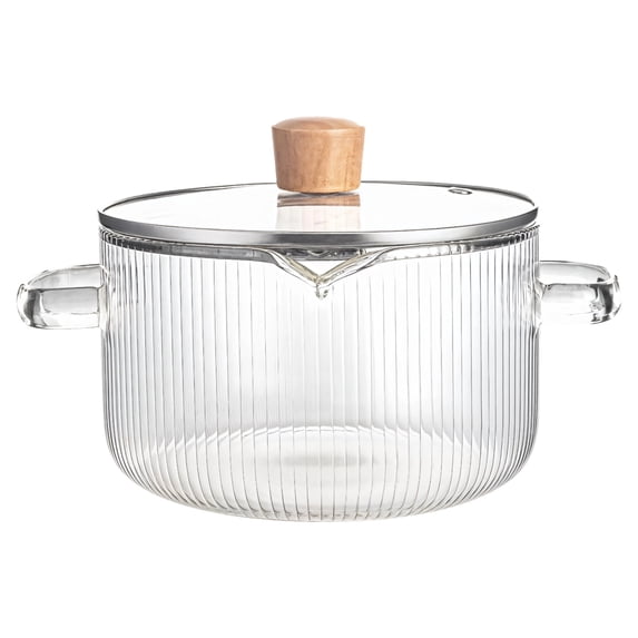 60 oz Clear Glass Cooking Pot with Handle, High Borosilicate Glass, Stovetop & Microwave Safe, Easy-to-Clean, Stripe Design, Great for Cooking, Boiling, and Steaming