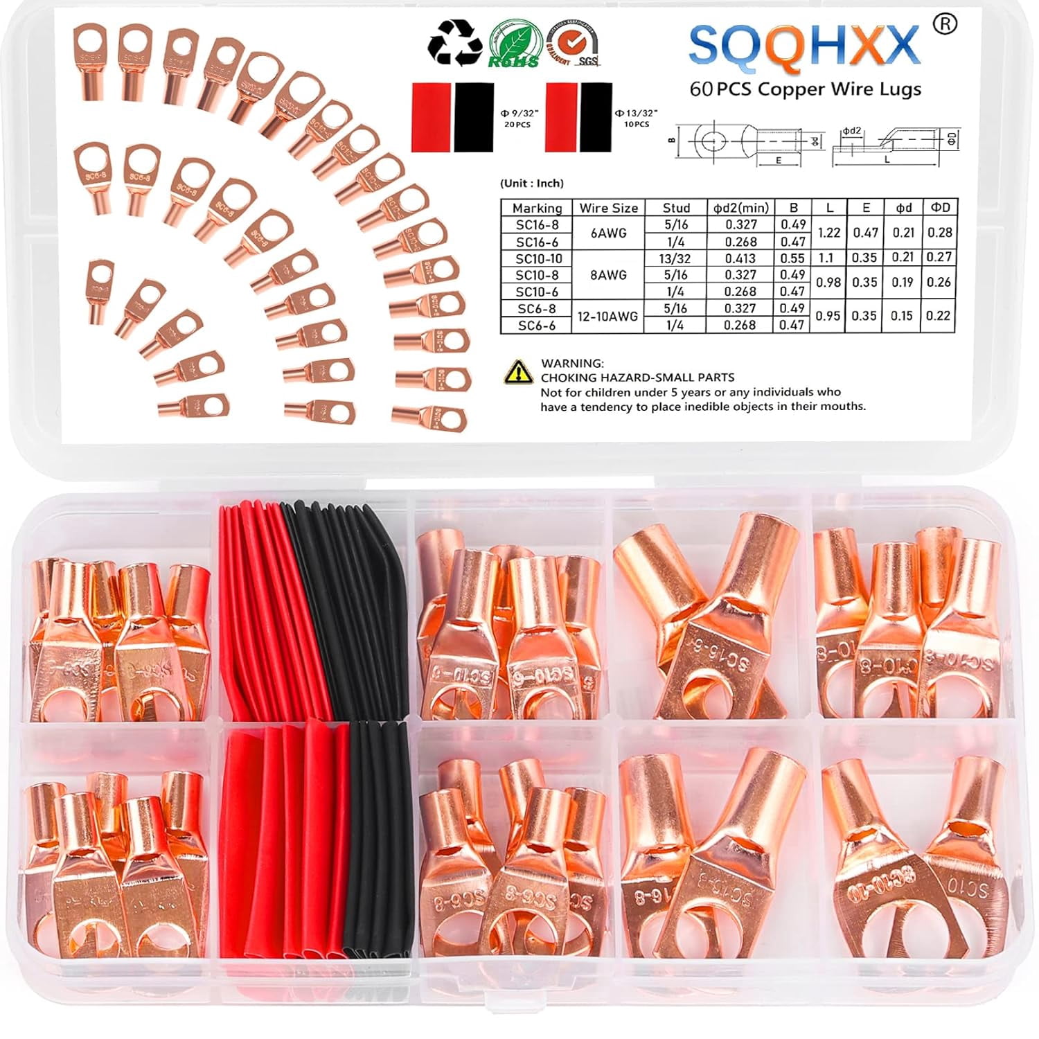 60-pack copper wire terminals, battery cable end 4681012 specification wire connectors with heat shrink tube set, ring terminal connectors battery cable terminals battery terminals with 30-pack heat