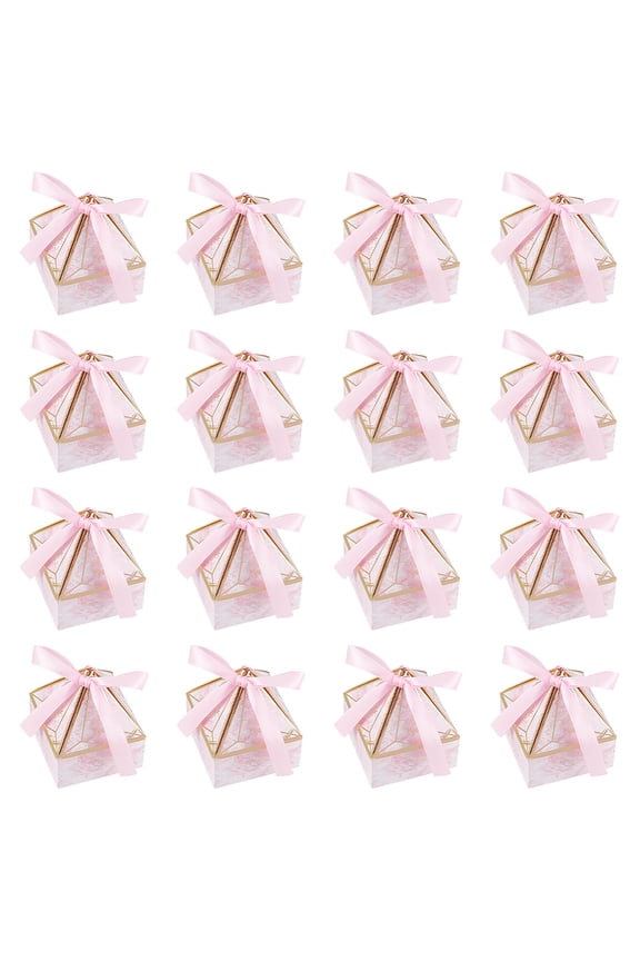 60 pc Diamond Shaped Paper Candy Packaging Boxes with Ribbon for Happy Day Wedding Party Gift Box Pink 7x7x8.5cm