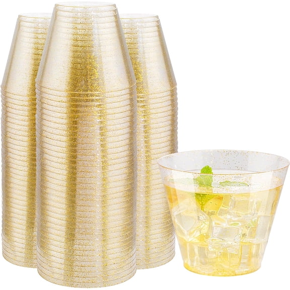 60 pcs Gold Plastic Cups - 9 OZ Hard Gold Glitter Plastic Cups For Cocktail and Drinking - Premium Disposable Cup with Gold Glitter For Fancy Wedding Party Cup