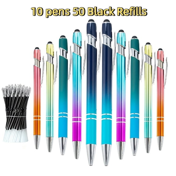 10set Vibrant Retractable Stylus Pens & 10 Ballpoint Pens with 50 Refills – Smooth Black Ink, Metallic Accents & Sleek Design for Office, Gifts, Crafts & Stationery