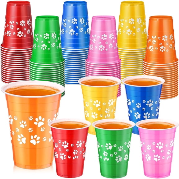 60-piece set of 16-ounce disposable dog paw plastic cups - a large number of dog paw print themed cups in various colors, suitable for iced coffee, juice, baby baths, birthday party favors, and decor