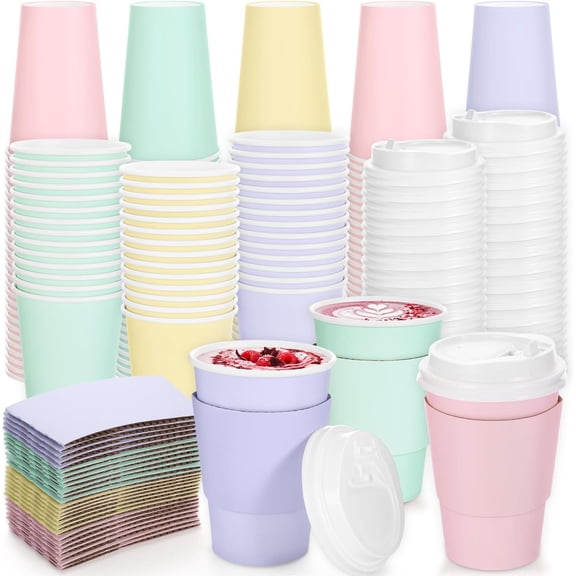 60 pieces of disposable rainbow paper cups, 12-ounce with lids, bulk multi-color party set includes straw sleeves, suitable for hot and cold drinks, wedding, birthday, holiday party celebration suppl