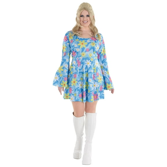 60's Mod Mini Dress Blue Flower Power Adult Costume Women's XXL 18-20