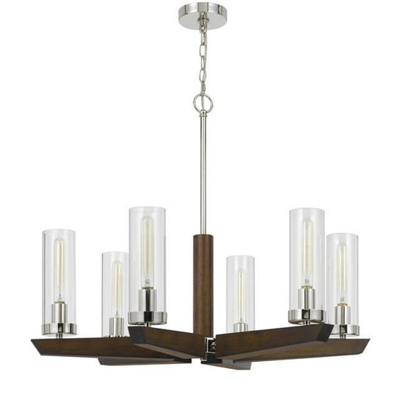 60 watt x 6 Ercolano Pine Wood & Metal Chandelier with Clear Glass Shade, Wood & Brushed Steel