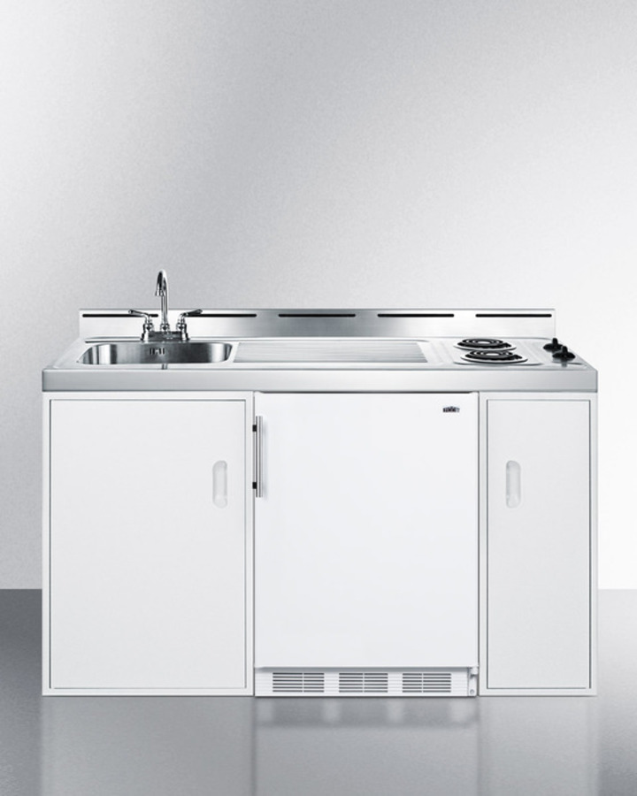 60" Wide All-In-One Kitchenette, White, Glass Cooktop