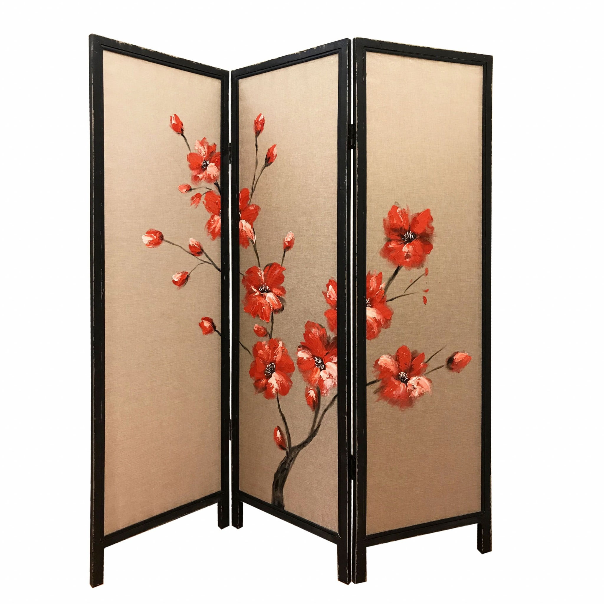 63" Brown Fabric and Wood 3-Panel Screen with Red Poppy Design