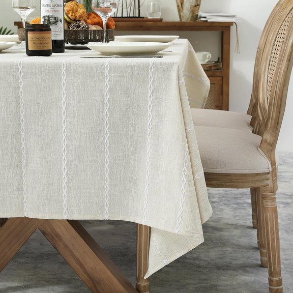 60 x 120 inches Farmhouse Style Linen tablecloths, Wrinkle Resistant Washable Dining Room Table Cloths for 8 Foot Rectangle Tables - Beige