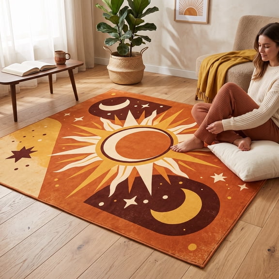 60 x 160 cm Flannel Runner Rug, Sun Moon and Stars Celestial Pattern, Boho Orange Rectangular Accent Carpet for Living Room, Bedroom, Reading Nook, Office and Home Decor