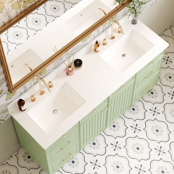 60" x 18.5" Vanity Top, Quartz Vanity Sink Top in Pure White, with Undermount Double Sink Vanity Top, 8 Inch Faucet Hole Spread for Vanity Top with Sink