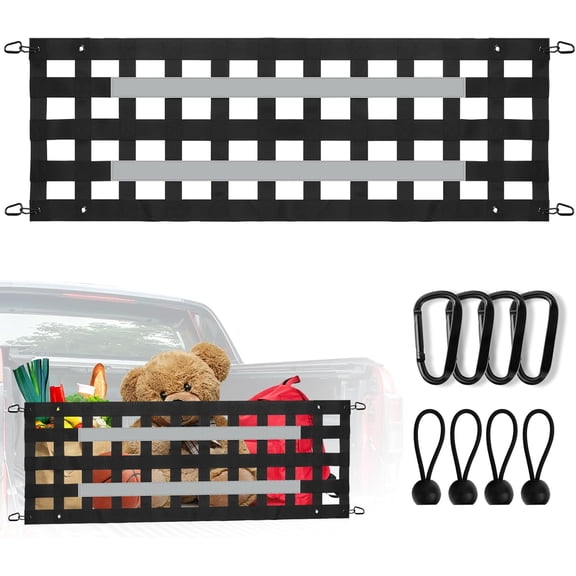 60'' x 18'' Heavy Duty Tailgate Cargo Net for Truck Bed, Extendable Tailgate Net, Adjustable Truck Bed Cargo Net for Full Size Truck, Cargo Netting with Reflective Stripes, Excellent UV Protection