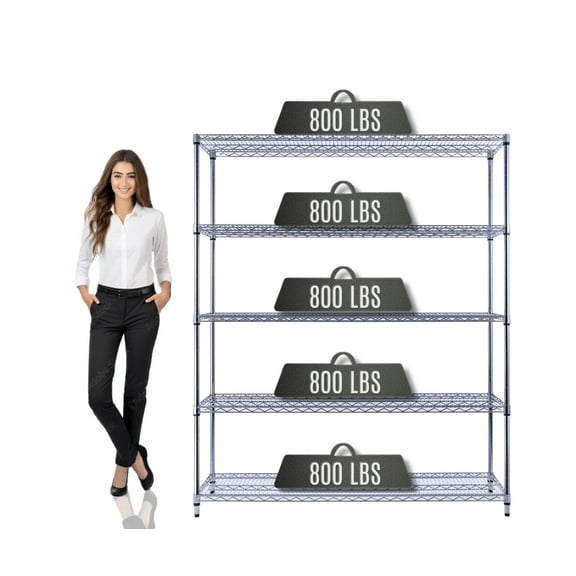 60" x 18" x 72" Prime Heavy Duty Chrome 5-Tier Wire Shelving 4000 LBS MAX Capacity Storage Rack for Commercial, School, Home, Garage, Warehouse, Industrial, and Hospital Uses (with Wheels)