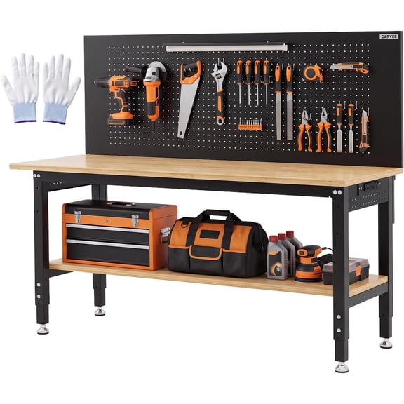 60" x 22" Adjustable Workbench with Pegboard, Power Strip and LED Light