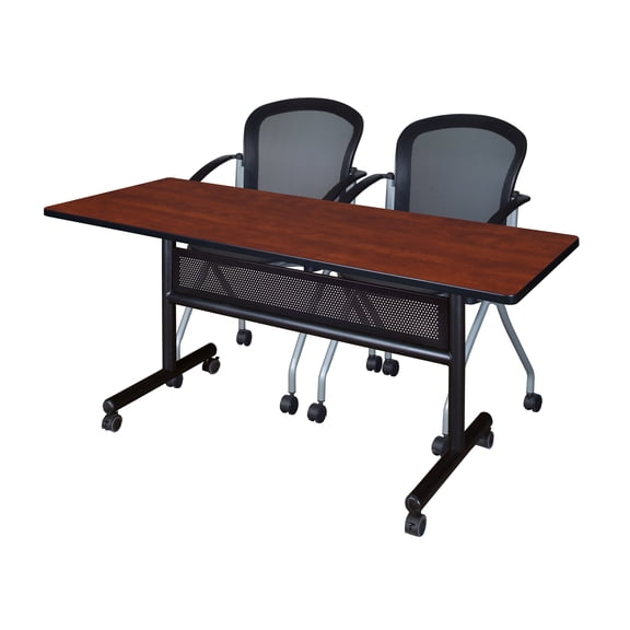 60" x 24" Flip Top Mobile Training Table with Modesty Panel- Cherry and 2 Cadence Nesting Chairs
