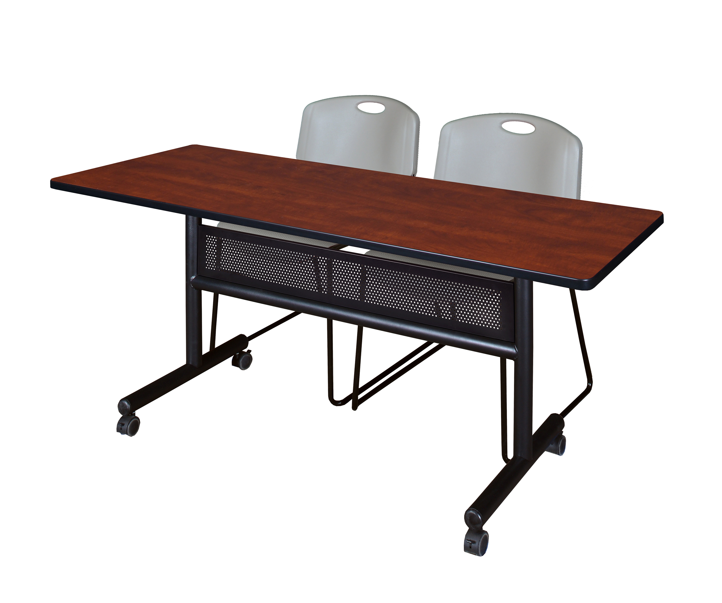 Regency Kobe 60 x 24 in. Flip-Top Privacy Nesting Table- Cherry, 2 Zeng Stack Chairs- Grey