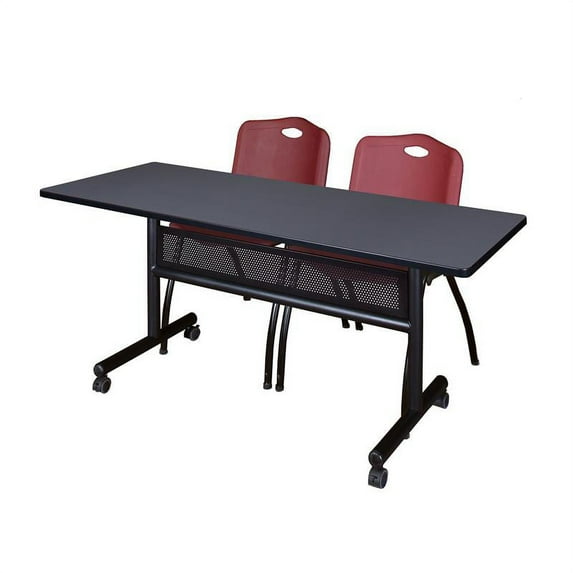 60" x 24" Flip Top Mobile Training Table w/ Divider- Grey & 2 Stack Chairs