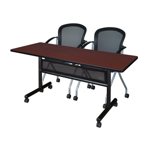 60" x 24" Flip Top Mobile Training Table with Modesty Panel- Mahogany and 2 Cadence Nesting Chairs
