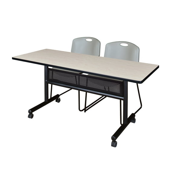 60" x 24" Flip Top Mobile Training Table with Modesty Panel- Maple and 2 Zeng Stack Chairs- Grey