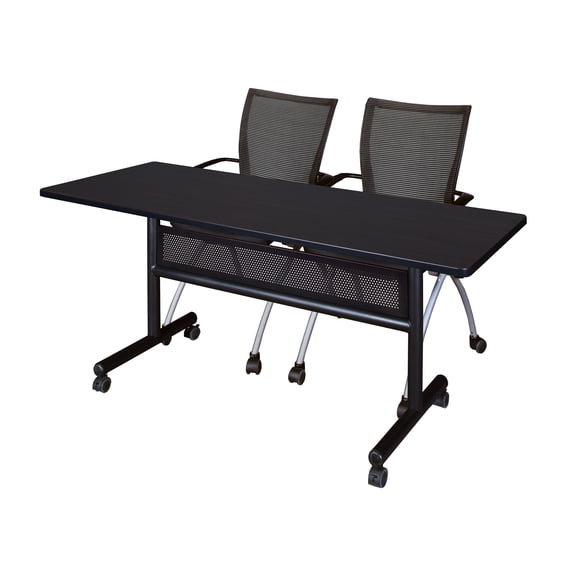 60" x 24" Flip Top Mobile Training Table with Modesty Panel- Mocha Walnut and 2 Apprentice Nesting Chairs