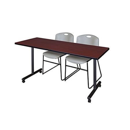Regency Kobe 60 x 24 in. Mobile T-Base Training Table- Mahogany, 2 Zeng Stack Chairs- Grey