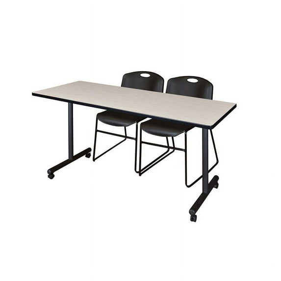 60" x 24" Kobe Mobile Training Table- Maple & 2 Zeng Stack Chairs- Black