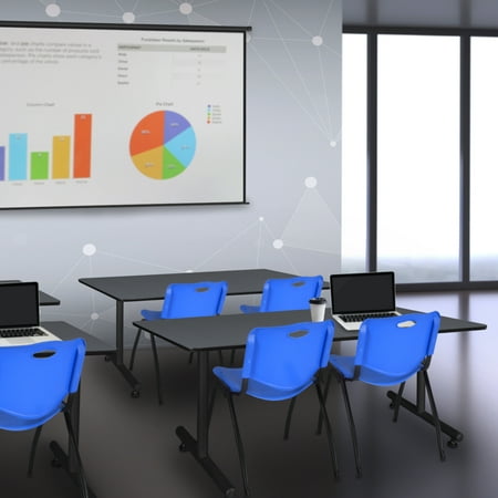 Regency Kobe 60 x 24 in. T-Base Training Seminar Table- Grey, 2 M Stack Chairs- Blue