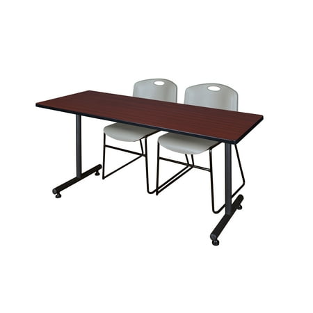 Regency Kobe 60 x 24 in. T-Base Training Seminar Table- Mahogany, 2 Zeng Stack Chairs- Grey