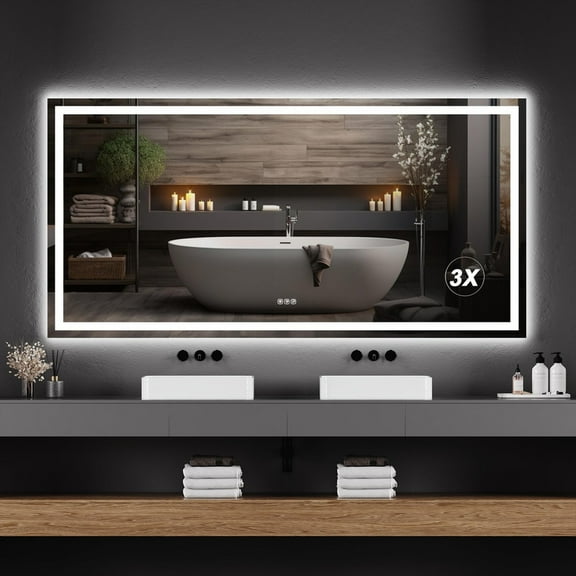 60"x 24" Led Bathroom Mirror with Front and Backlit, Stepless Dimmabl, Anti-Fog, Shatter-Proof, Memory, Lighted Bathroom Vanity Mirror for Wall(Horizontal/Vertical)
