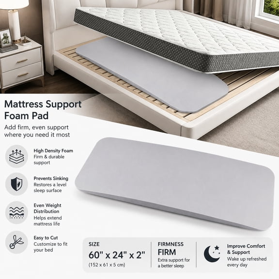60" x 24" x 2" High Density Mattress Support Foam Pad for Sagging, Sinking Bed Repair, Firm Under Mattress Support, Bed Wedge Stabilizer Grey