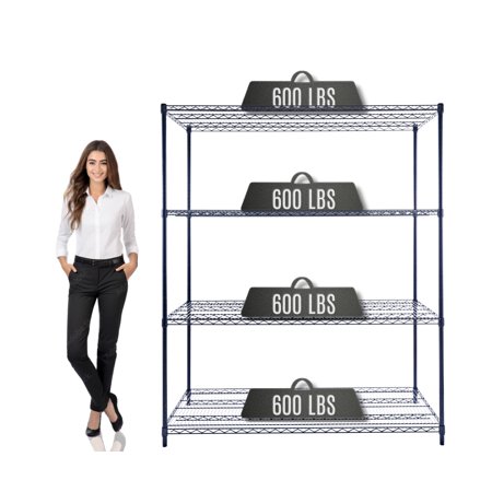 60" x 24" x 72" Heavy-Duty Black 4-Tier Wire Shelving, 2400 LBS Capacity, Storage Rack for Commercial Use (with Wheels)