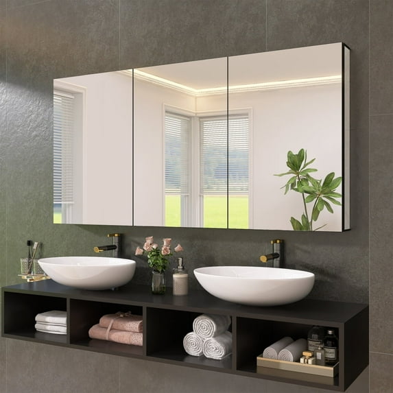 60" x 30" Bathroom Medicine Cabinet with Adjustable Glass Shelves, Wall Mounted Aluminium Storage Cabinet with Full Coverage Mirror for Living Room, Bathroom, Matte Black