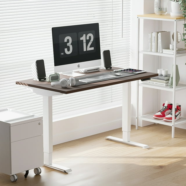 60'' x 30'' Dual Motor Electric Adjustable Height Desk for Home Office (Walnut Top + White Frame)