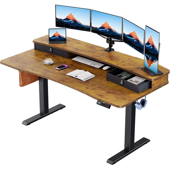 60" x 30" Electric Height Adjustable Standing Desk with 2 Drawers, Open Storage Cubicle, 4 Preset Heights, 27.9"46.8" Range, Brown