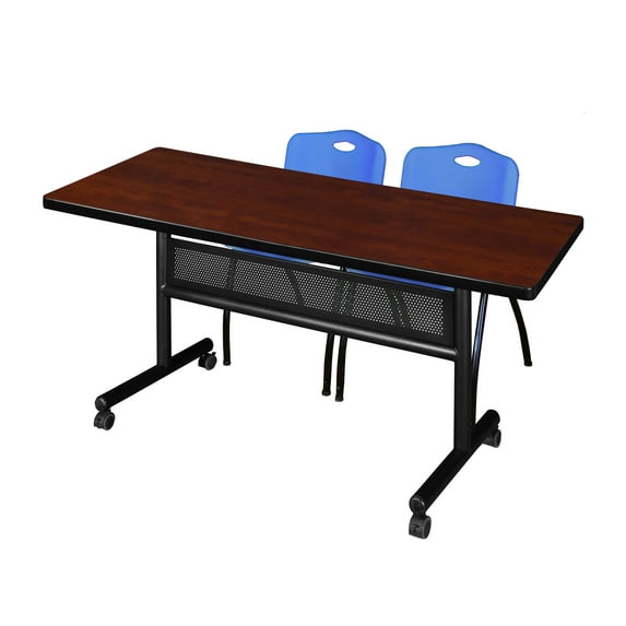 Regency Kobe 60 x 30 in. Flip-Top Privacy Nesting Table- Cherry, 2 M Stack Chairs- Blue