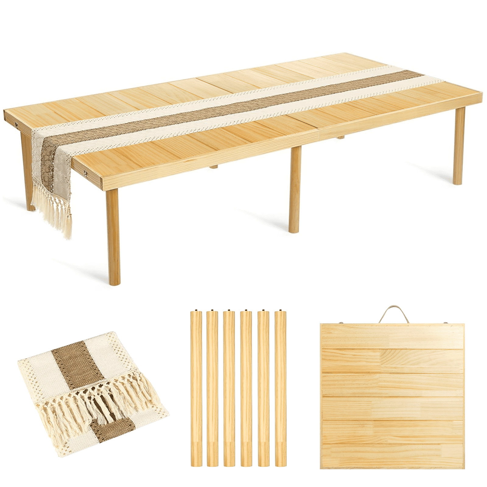 60" x 30" Foldable Boho Low Picnic Table, Solid Wood Beach Table with Adjustable Legs, Portable Indoor & Outdoor Floor Table for Picnic, Camping, BBQ, Wedding, Patio & Family Gatherings