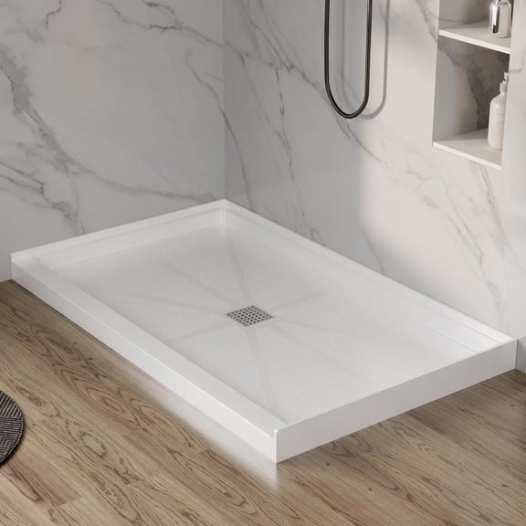 60 x 32 Inch Non-Slip Acrylic Shower Base with Center Drain & 304 Stainless Steel Cover – Single Threshold Shower Pan for Bathroom & RV