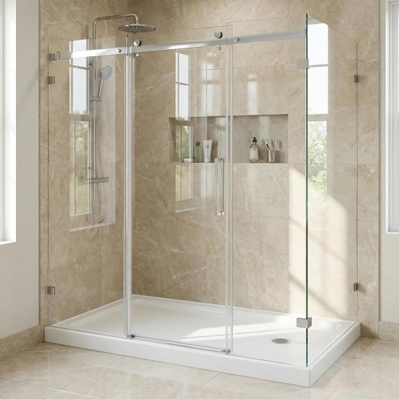 60 x 32 Inch Shower Base - Single Threshold Acrylic Shower Pan with Non Slip Surface and Stainless Steel Drain Cover - White