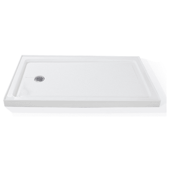 60" x 32" Shower Pan Base with Non-Slip Texture & Stainless Steel Drain - Solid Surface Shower Tray for Bathroom Installation (4" H, Left/Right Drain Option)