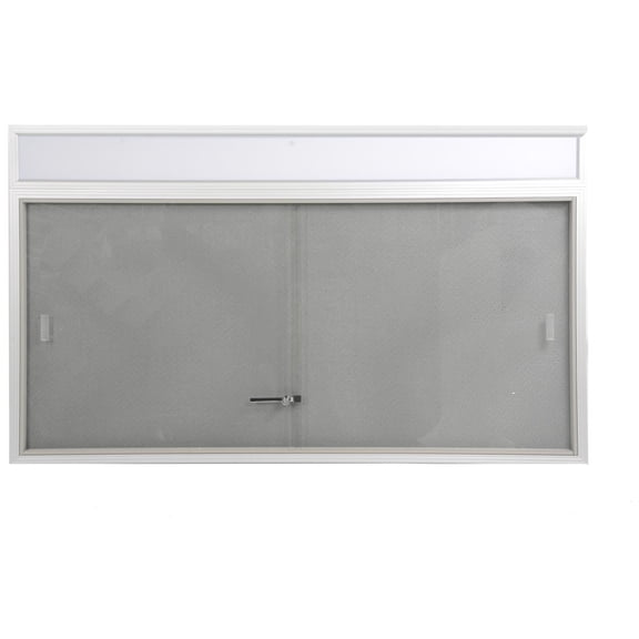 60 x 36 Bulletin Board with Separate Header Area Includes Sliding Glass Doors, 5' x 3' Enclosed Message Board with Gray Fabric Backing for Indoor Use, Aluminum (FBSD63HDSG)