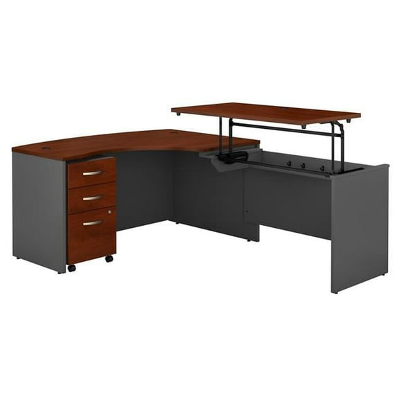 60 x 43 in. Series C Right Hand 3 Position Sit to Stand L-Shaped Desk with Mobile File Cabinet - Hansen Cherry