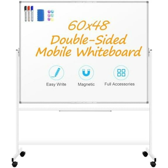 60 x 48 Double Sided Rolling Whiteboard, Large Rolling White Board - Magnetic Rolling Dry Erase Board Easel Standing Board on Wheels with Aluminium Frame for Office, Home & Classroom$$Office
