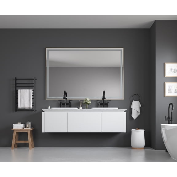 60 x 48 Inch LED Bathroom Mirror with Front and Backlight, Wall Mounted Vanity Mirror with Aluminum Frame, Anti-Fog, Memory, 3 Colors, Stepless Dimmable