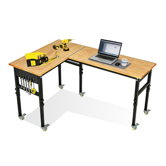 60" x 48" L-Shaped Adjustable Workbench with Wheels, 2000 LBS Heavy Duty Work Table with Power Outlet, Pegboard & Rubber Wood Top for Garage, Workshop & Home Office
