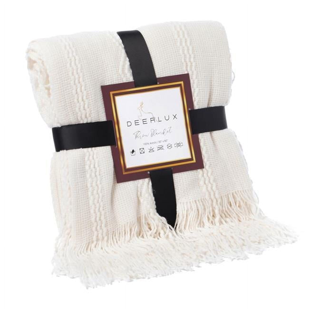 Cream Knitted Zigzag Pattern Throw Blanket with Fringe Edges